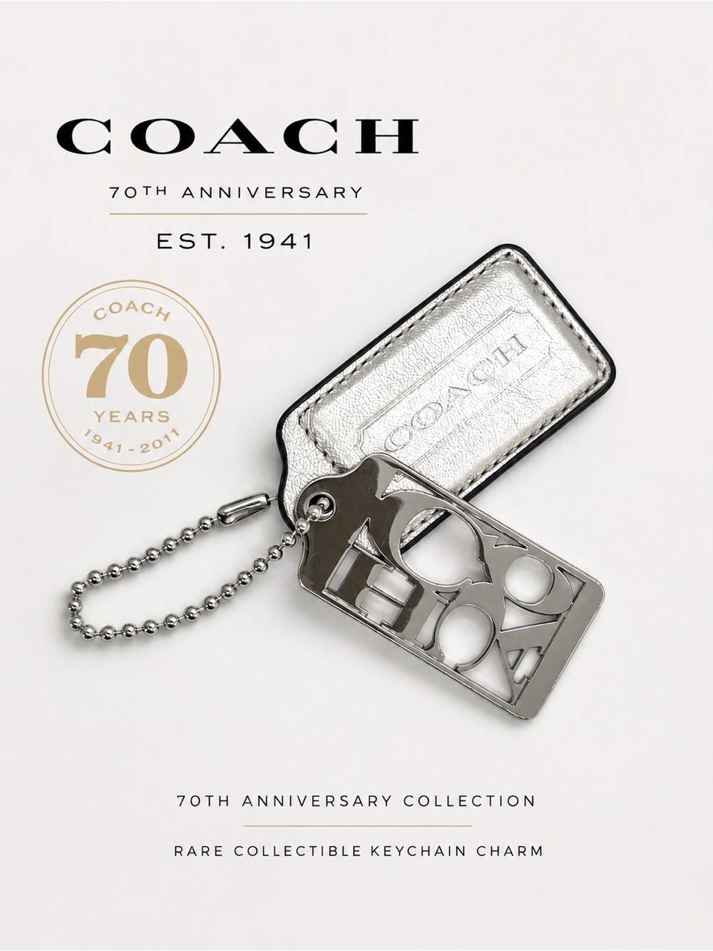 Coach 70th Anniversary EST 1941 Silver Metal Hangtag Keychain Charm | RARE EUC